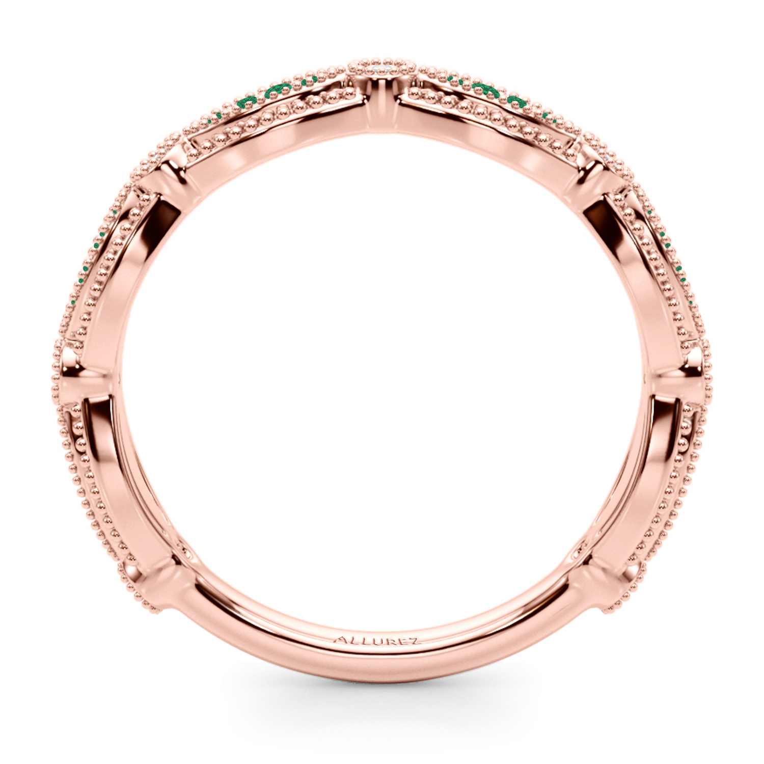 Antique Style Emerald & Diamond Wedding Ring Band 14K Rose Gold (0.20ct)